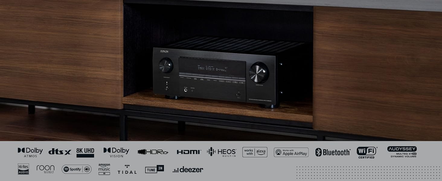 Denon AVC-X3800H 9.4-канальний AV-ресивер, підсилювач з Auro-3D, Dolby Atmos, DTS:X, 6-дюймовий 8K входи та 3 виходи, Bluetooth, AirPlay 2, HEOS Multiroom, Alexa Compatible, чорний