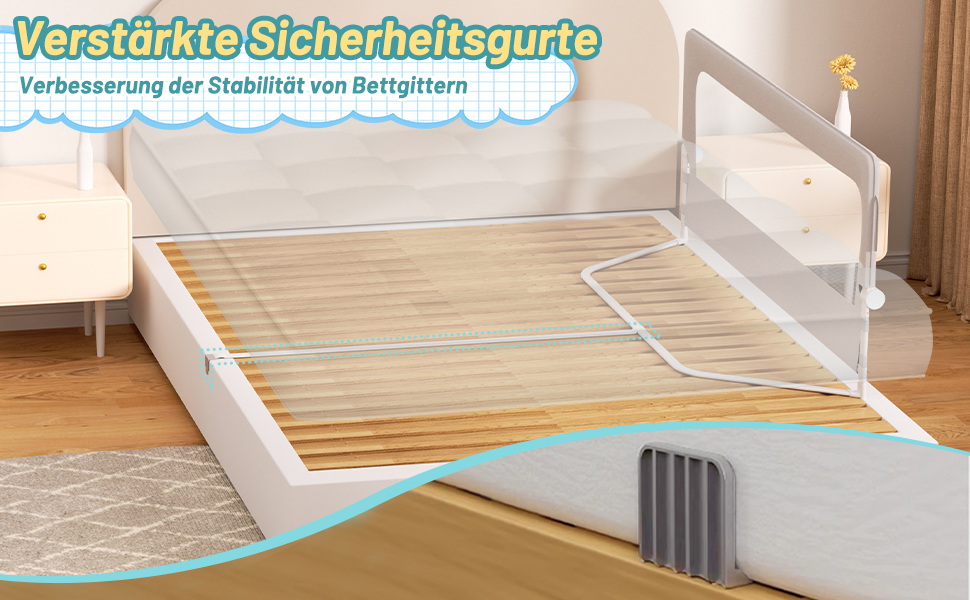 Бортик для ліжка дитячого 200 см, сірий, складаний на 180 градусів, регульована висота 72-86 см, з ременями кріплення