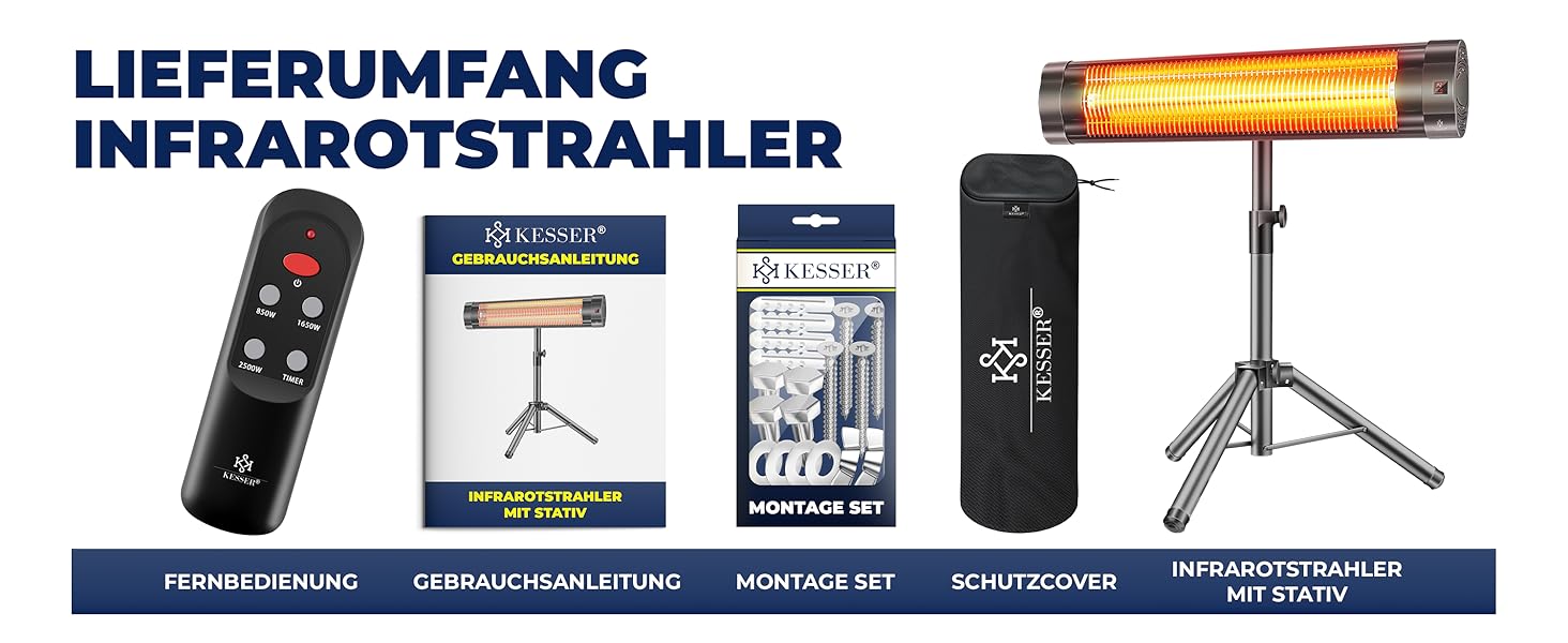 Інфрачервовий обігрівач KESSER® 2500W з пультком та захисним чохлом, телескопічна стійка, для тераси та дому