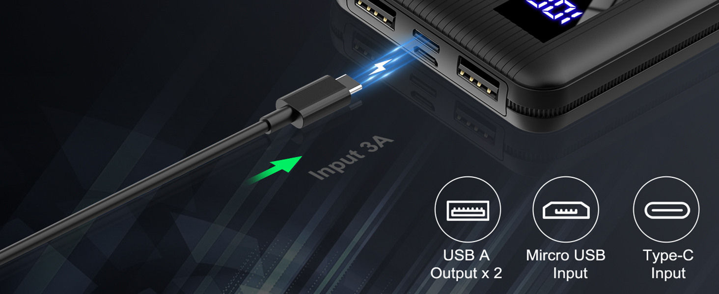 МАг, маленький, USB C, LED-дисплей, 2 USB-виходи, Micro USB, портативний зарядний пристрій, 10000