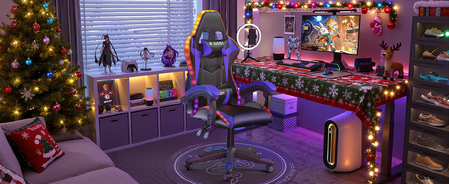 Ігровий крісло Bigzzia з LED підсвічуванням - ергономічне крісло для ПК з підголівником, RGB, чорно-синій колір, для підлітків та дорослих