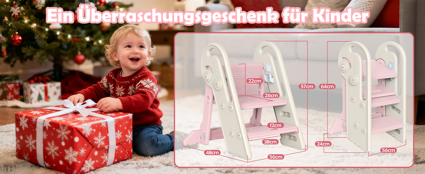 Дитячий підсходильник Onasti Tritthocker, регульована висота, 3 сходинки, з ручками, складний, анти-ковзний, для кухні, ванної кімнати, умивальника та туалету (Сірий) Сіро-білий (Рожевий)