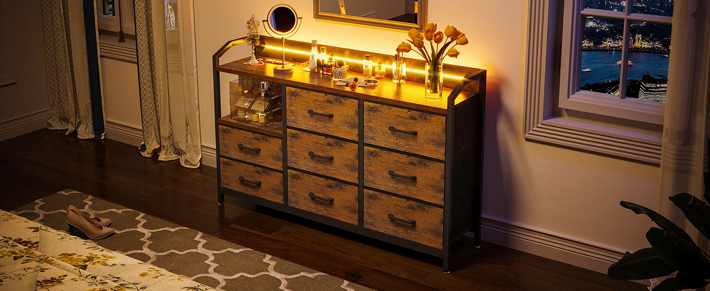 Комод ODK з висувними ящиками та LED-підсвіткою, 10 кольорів, 2 USB та 2 розетки, 8 тканинних ящиків, для вітальні/спальні, 110x30x88 см, вінтажний стиль