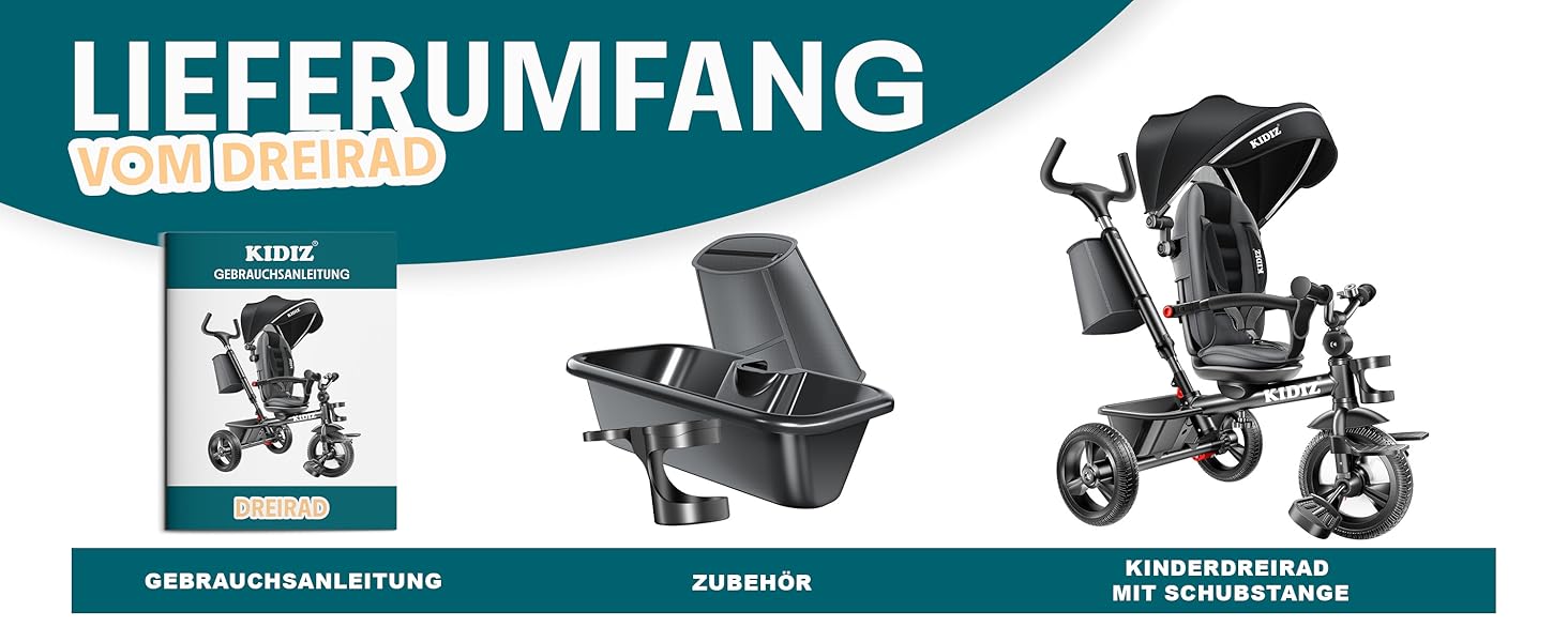 Триколісний велосипед KIDIZ 6-в-1 з ручкою, кошиком, сонцезахисним козирком до 25 кг (Чорний)