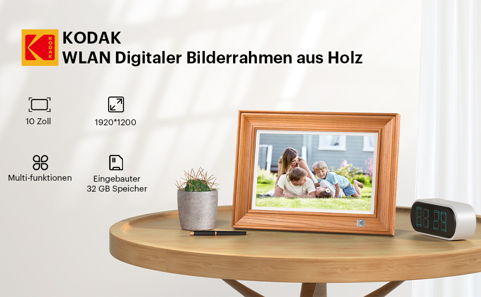 Цифровий фоторамка Kodak 10 дюймів з Wi-Fi, 32GB, IPS HD сенсорний екран, автоповорот, бездротове підключення, фото та відео, безкоштовний додаток (дерево)