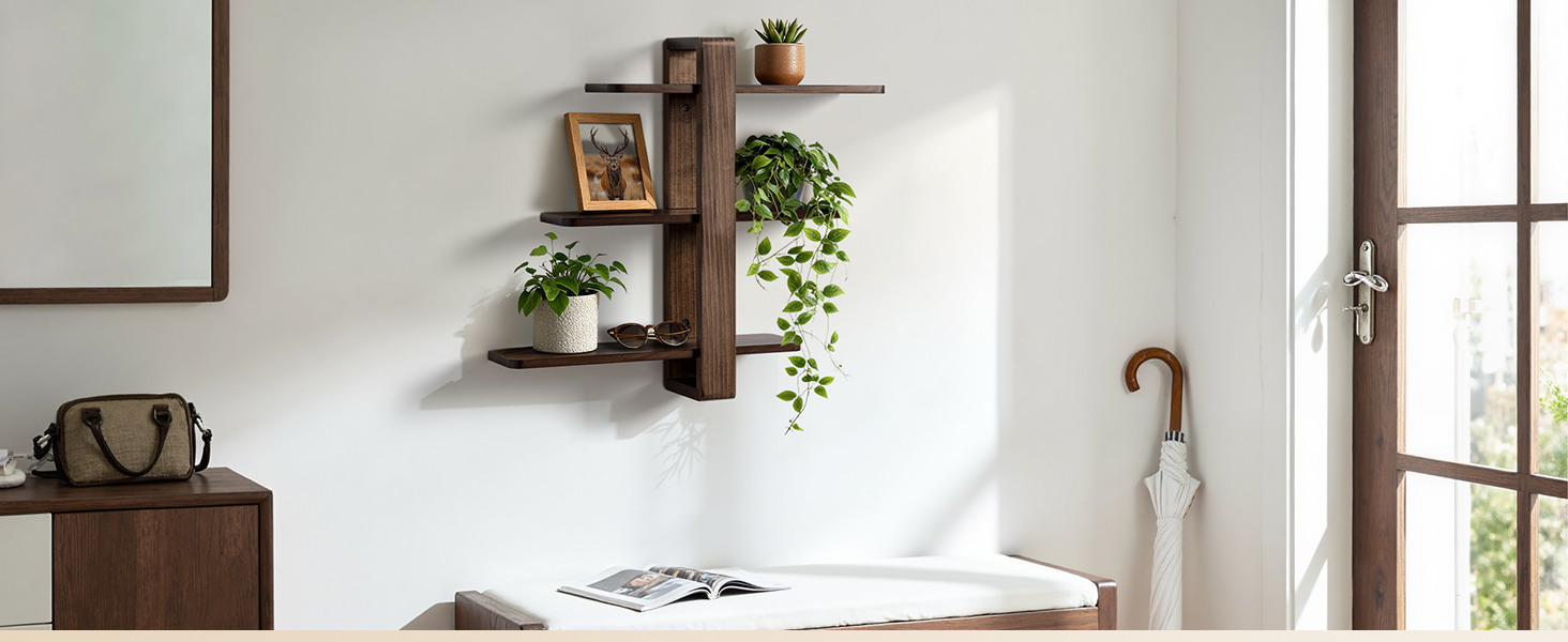 Полиця настінна SUMGAR з дерева, плаваючі полиці, 3-ярусна, декоративна, для вітальні, спальні, колір горіх, 50x58 см