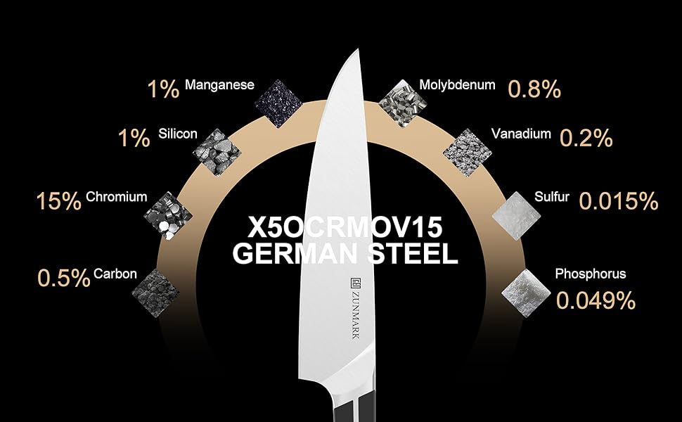 Набір ножів 14 предметів з бруском, кухонний набір ножів з дерев'яним бруском, леза з німецької сталі X50CrMoV15 (шеф-ніж, сантоку, ніж для стейка, ніж для овочів, ножиці). Чорний колір.