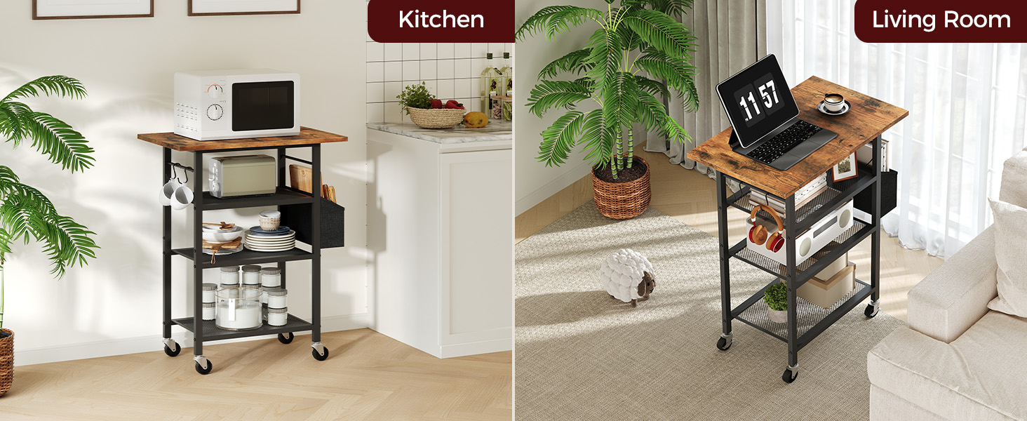 Трирівневий стіл для принтера, роликовий контейнер, стійка для принтера, полиця для зберігання, в індустріальному стилі, з бічною кишенею, дерев'яна полиця, 2 S-гачки, для домашнього офісу, рустикально-коричневий та чорний, APTHR2501 (50 x 40 x 81,5 см)