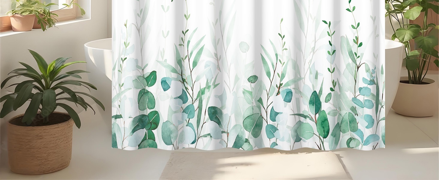 Шторка для душу 180x220 см, антигрибкова, з тропічним дизайном (зелені пальмові листя, евкаліпт, гриби), водонепроникна, з поліестеру, придатна для прання, для ванної кімнати, з 12 гачками