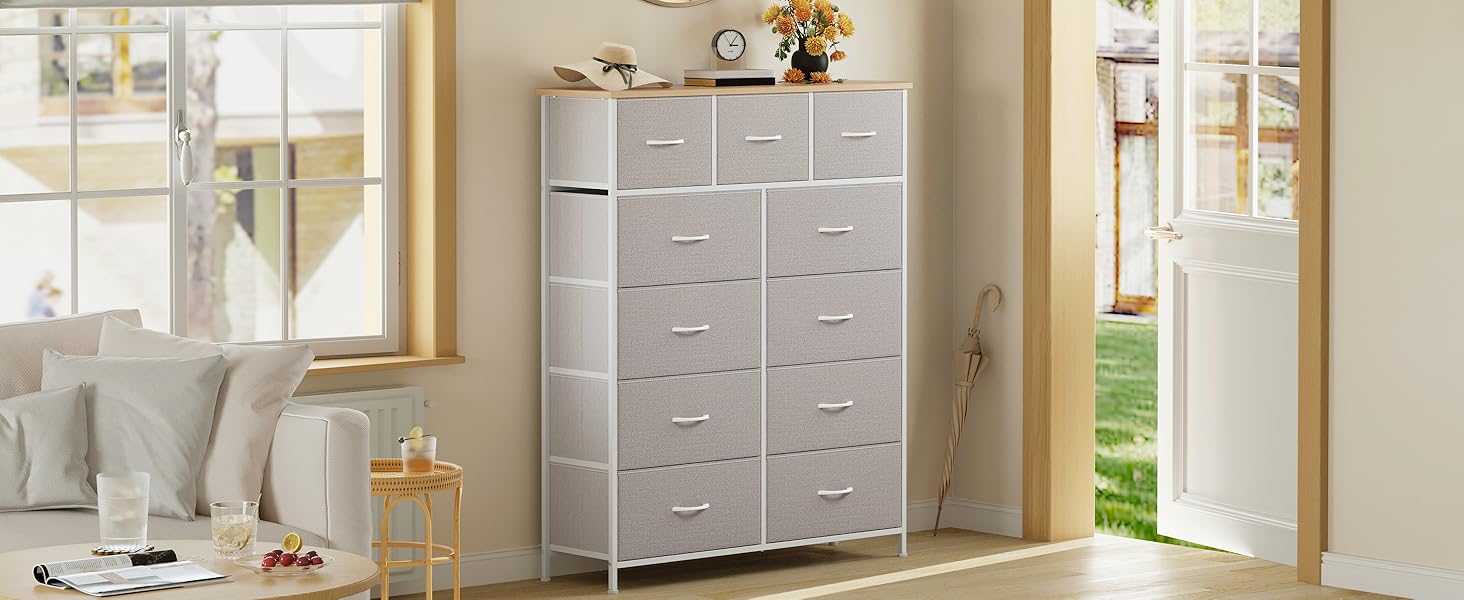 Тумбочка Somdot з висувними ящиками, тканинна тумбочка, тумбочка для спальні, вітальні, коридору, шафа з ящиками, 5 тканинних ящиків, білий колір, штучна шкіра (сірий, 30T x 100B x 118.5H см (11 ящиків))