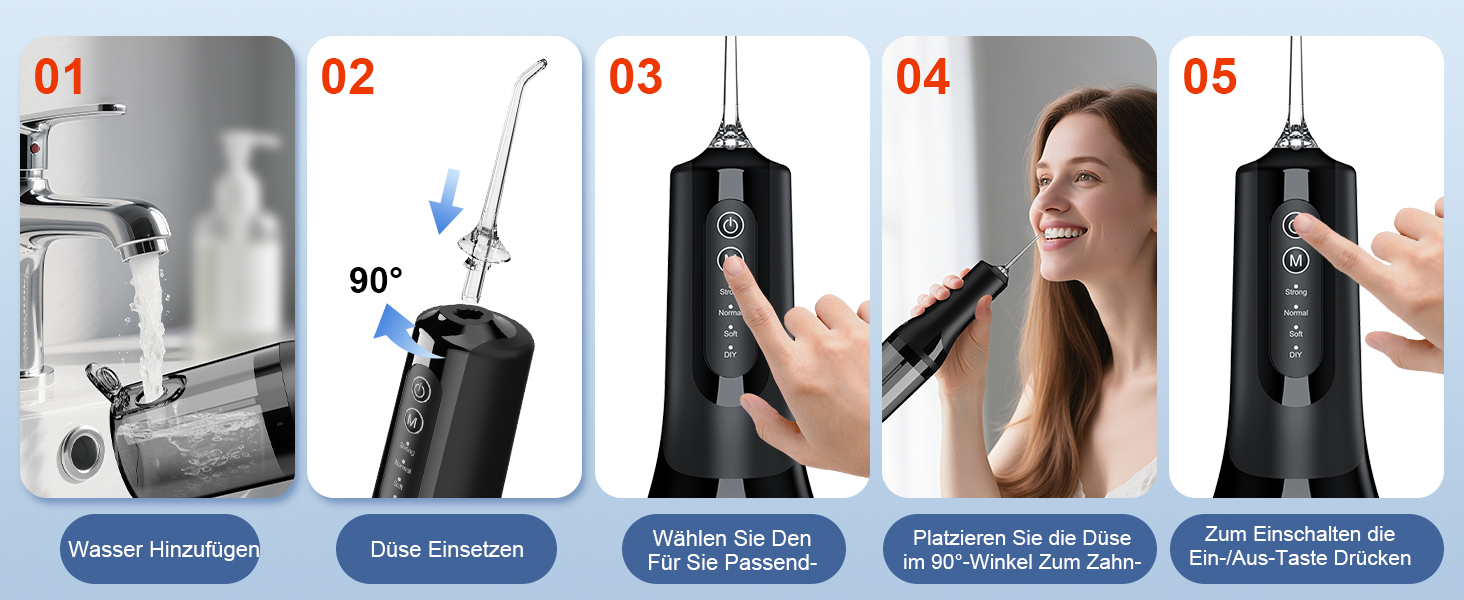 Електрична ірigator для порожнини рота Munddusche: покращена модель 2025, 260 мл резервуар, IPX7 водонепроникність, 5 насадок, 4 режими, для подорожей та дому. Чорний