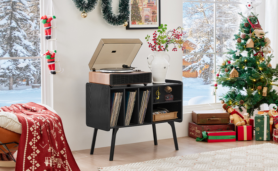 Сумка-органайзер для вінілових платівок LELELINKY: стійка з 4 полицями на 220 платівок, з міцних дерев'яних ніг, Mid-Century дизайн, чорний колір