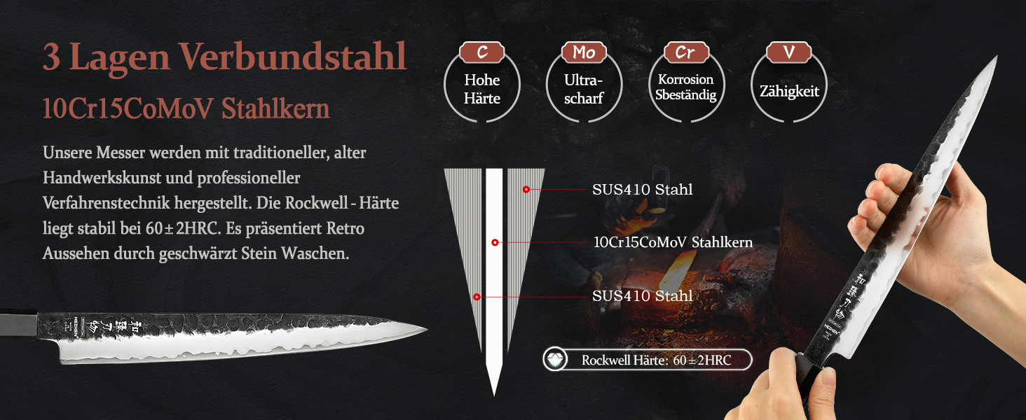 Професійний японський ніж Kiritsuke HEZHEN 21,5 см, кухонний ніж із тришарової дамаської сталі з восьмигранною ручкою з червоного дерева та дерев'яним чохлом