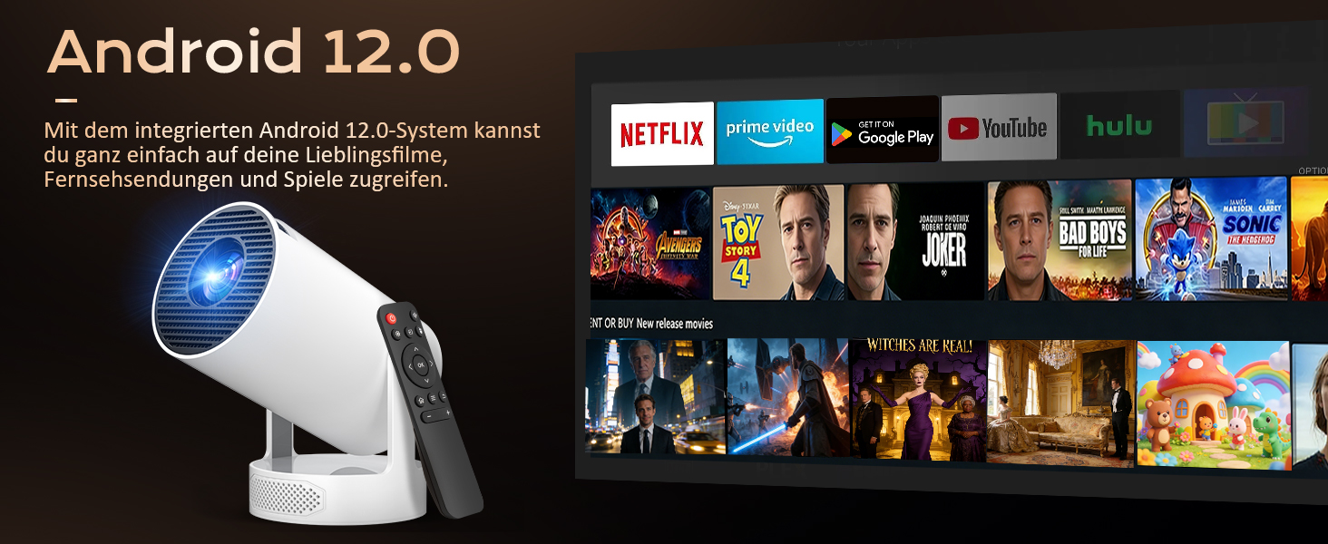 Міні-проектор 4K 1080p Full HD з Android 12.0, Wi-Fi 6, Bluetooth 5.4, автоматичною корекцією трапеції та вбудованим динаміком 5 Вт - для домашнього кінотеатру та вулиці