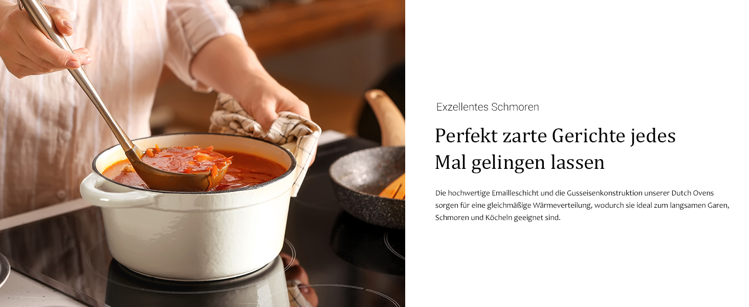 Чавунна каструля-гульяш Overmont з емалевим покриттям, 26 см, 5.2 л, перламутрово-біла, з кришкою та кулінарною книгою, підходить для духовки