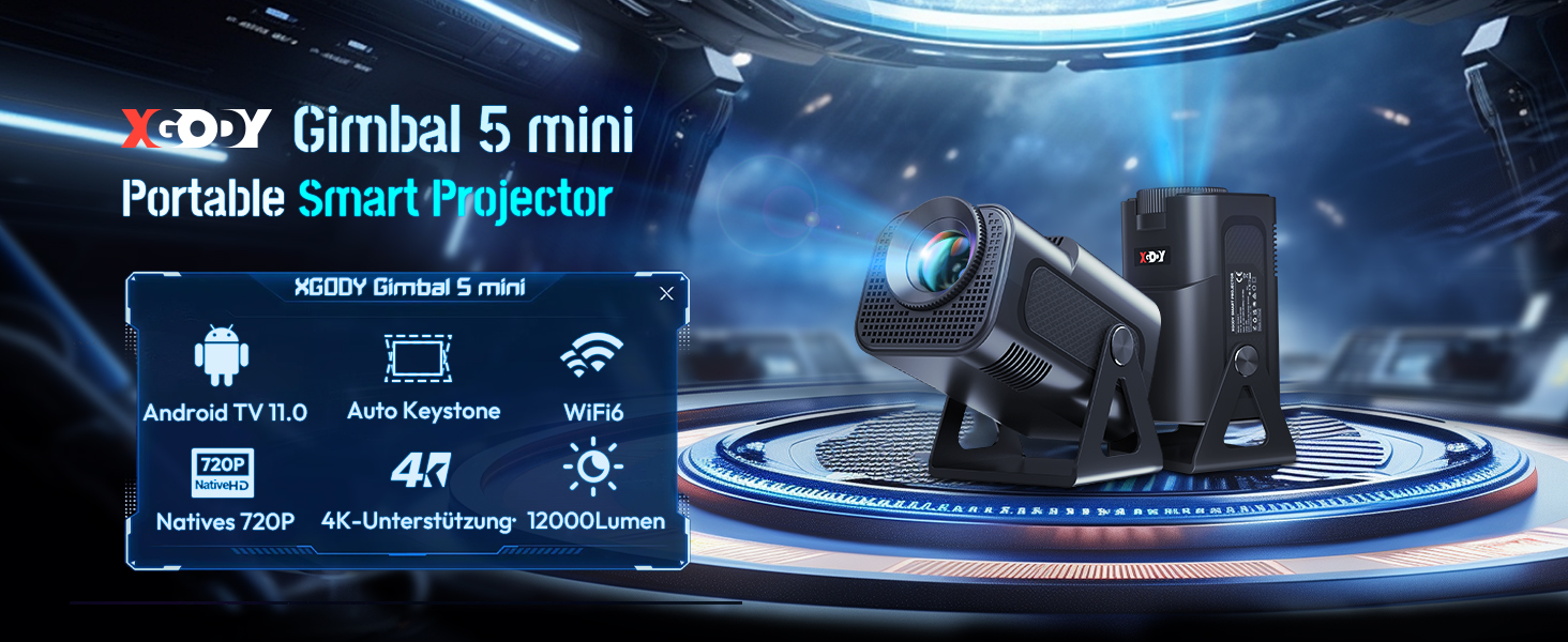 Портативний проєктор Xgody Gimbal 3: 12000 Люмен, Android 11.0, WiFi 6, Bluetooth, 720P HD (підтримка 4K), Автоматичне вирівнювання зображення, для домашнього кінотеатру (білий/чорний)