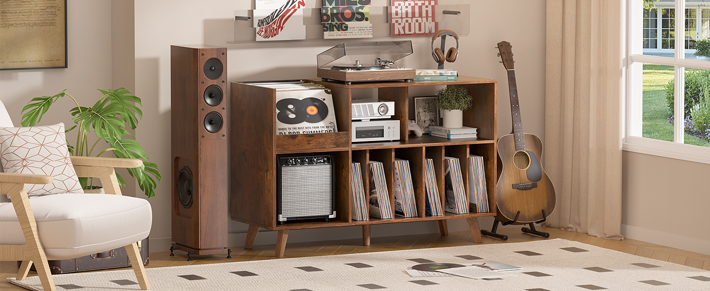 Стійка для платівок з полицями на 450 альбомів, коричнева. Підставка для вінілових платівок для музичної кімнати або вітальні