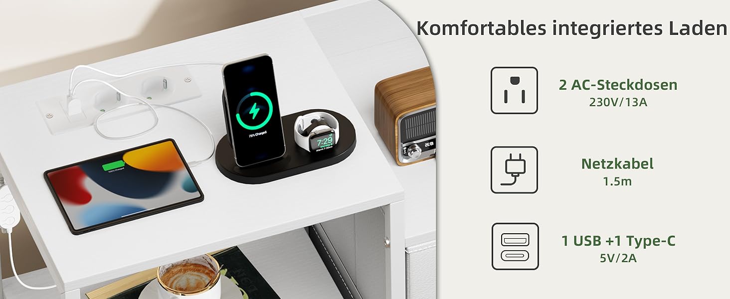 Комод з ящиками для спальні, вітальні, коридору Somdot з LED-підсвіткою та розетками (2 AC, 1 USB, 1 Type-C), 5 тканинних ящиків, білий, 29T x 66,5B x 70,5H см, штучна шкіра