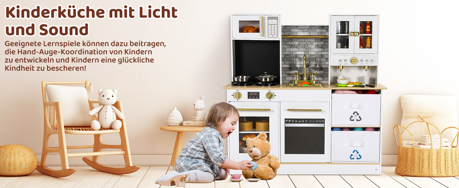 Дерев'яна дитяча кухня MAMIZO з підсвіткою та звуком, 90x30x90 см, з аксесуарами та 2 ящиками для зберігання, іграшка для дітей від 3 років, білий колір