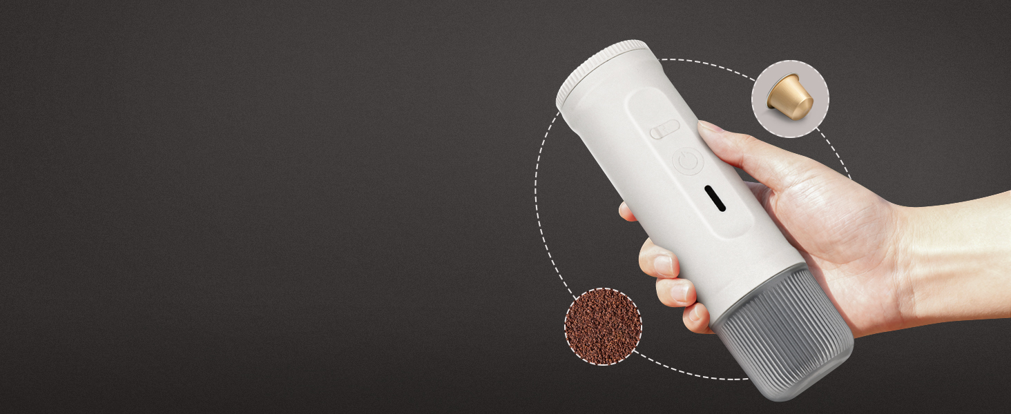 Портативна кавомашина ICARE з акумулятором, 2-в-1 для капсул NS та меленої кави, самонагріваюча, USB-C, індикатор заряду, для кемпінгу, подорожей та в дорогу (білий)