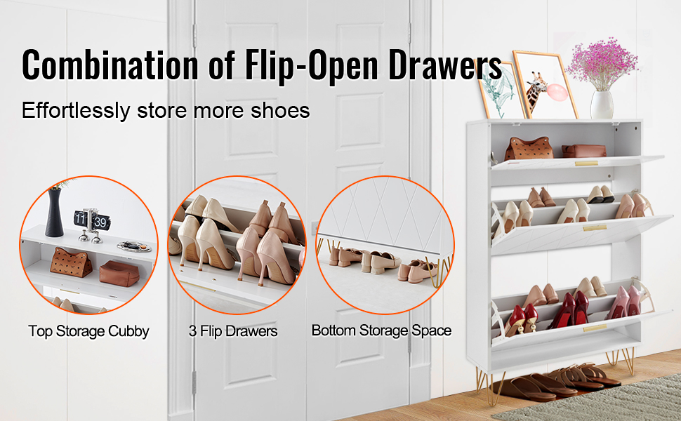 Шафа для взуття VEVOR вузька, дерев'яна, 600 x 168 x 877 мм, з верхньою полицею та 3 відкидними дверцятами, вантажопідйомність 36,28 кг, для прихожого