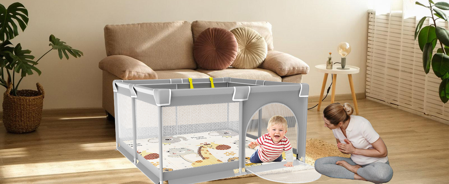 Ляльковий загін для малюків 120x120 см з ігровим килимком, дитячий портативний загін з м'яким килимком, дитячий загін з сіткою та присосками 120x120 см з матрацом