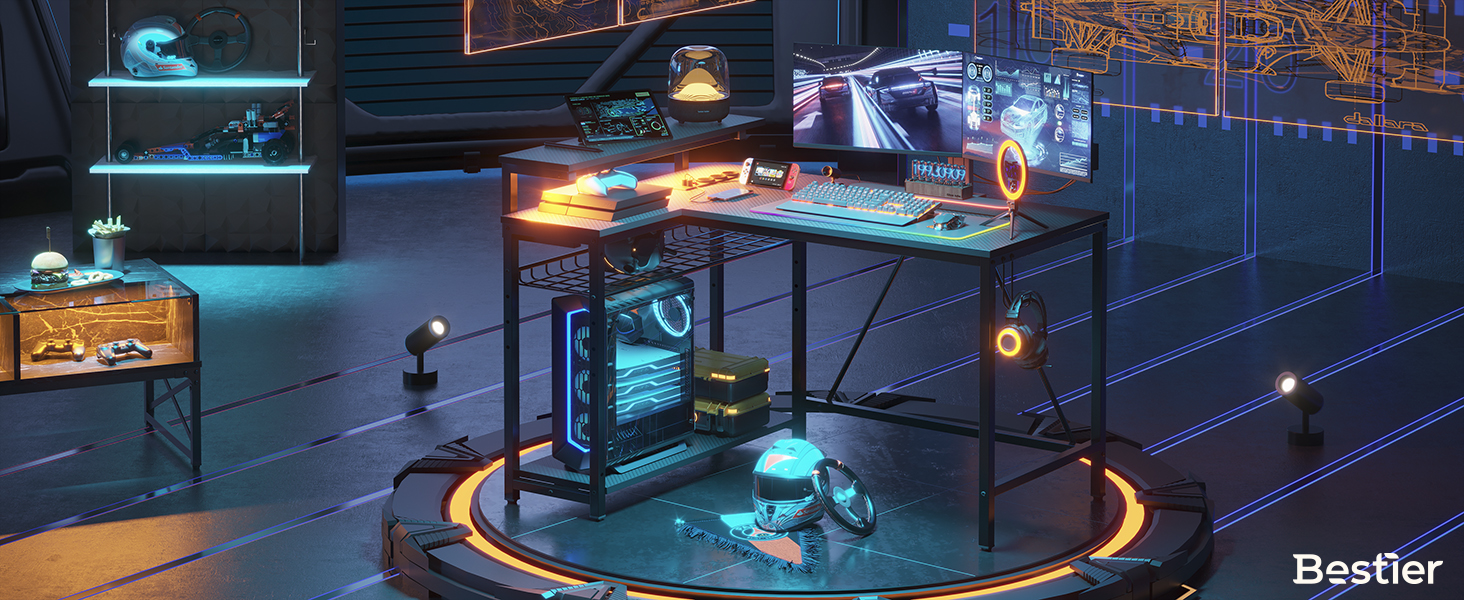 Ігровий кутовий стіл Bestier L-подібної форми з LED-підсвічуванням, розетками, 2 полицями та гачками – кутовий стіл для комп'ютера, офісу, спальні та геймінгу 106 x 80 см, 3D-вуглецеве волокно чорного кольору