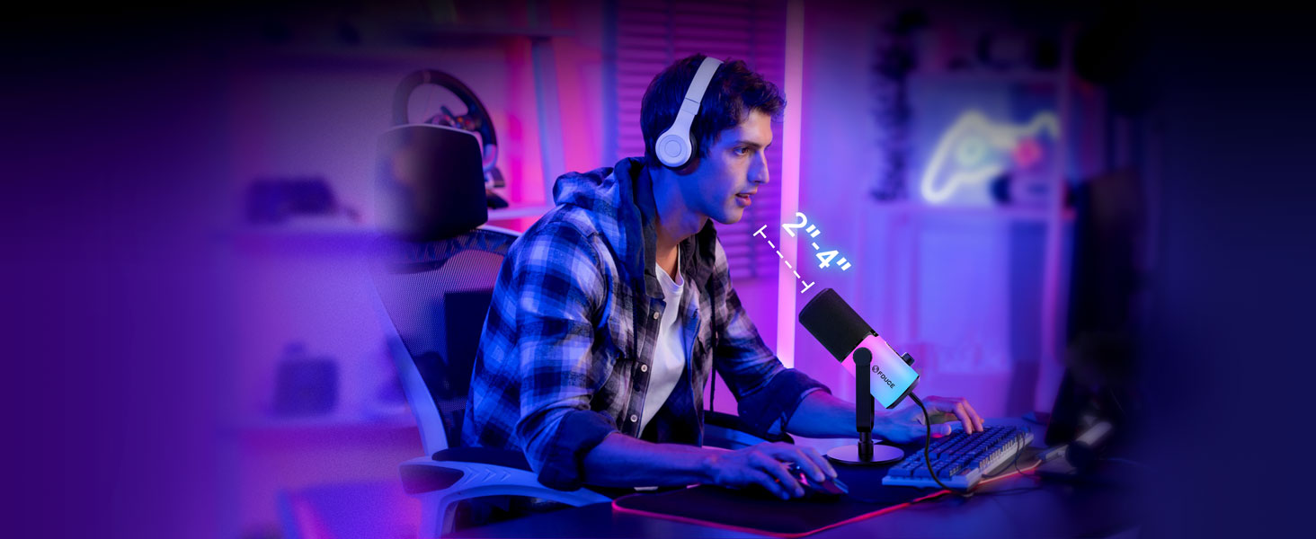 USB/XLR мікрофон для геймінгу та запису голосу FDUCE з RGB підсвічуванням, регулятором посилення та навушником.