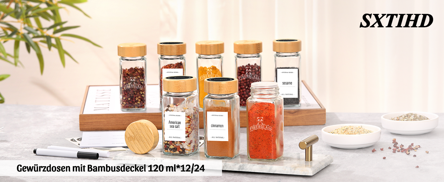 Набір скляних банок для спецій з дерев'яними кришками з акації, 24 шт по 120 мл