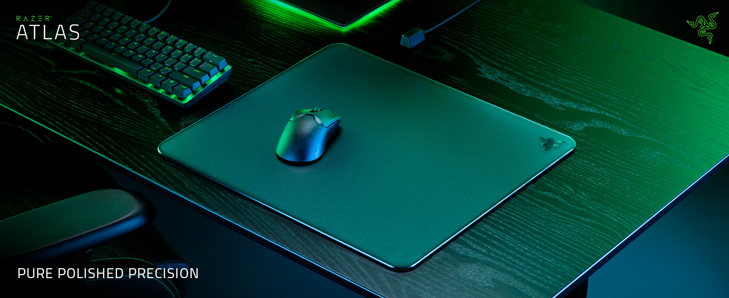 Скляний килимок для миші Razer Atlas — преміум ігровий килимок із загартованого скла, мікрогравірована гладка поверхня, стійкість до бруду та подряпин, чорний (450 x 400 x 5 мм)