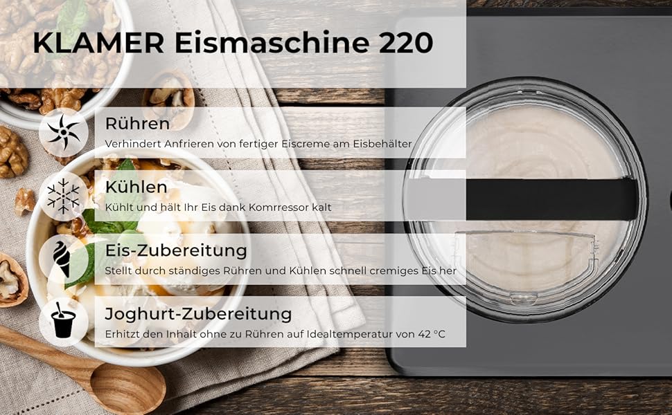 Машина для приготування морозива та йогурту KLAMER 2-в-1, 2 л, 220 В, з нержавіючої сталі, з функцією охолодження та нагрівання, самостійно охолоджується, регулювання консистенції, чорний