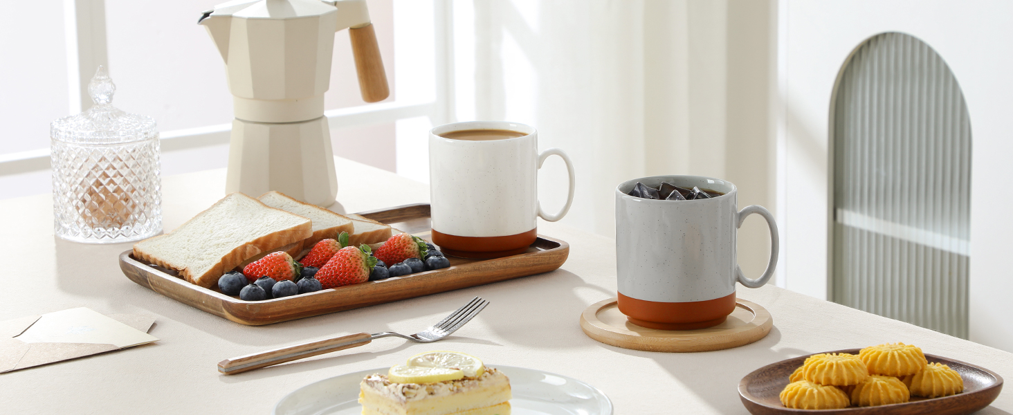 MALACASA Набір посуду з 24 предметів для 6 осіб, керамічний сервіз з реактивною глазур'ю, тепла колірна гамма. Включає: 6 тарілок для їжі, 6 тарілок для десерту, 6 супових тарілок, 6 мисок для мюслі. Колір: білий з коричневим низом (4 чашки для кави, багатоколірні).