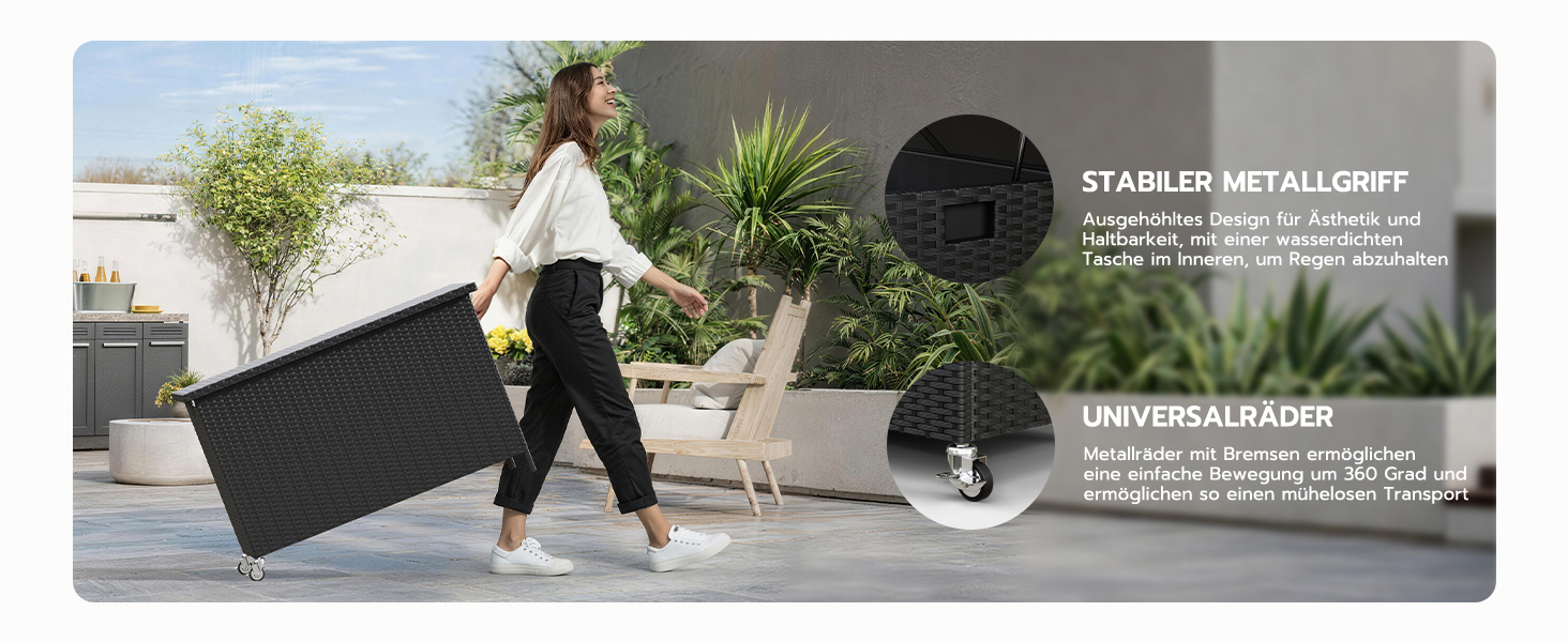 Водонепроникний садовий ящик Amopatio Gartenbox 480л з поліротангу, металевий ящик для подушок на колесах з газліфтом для саду та балкону (чорний)