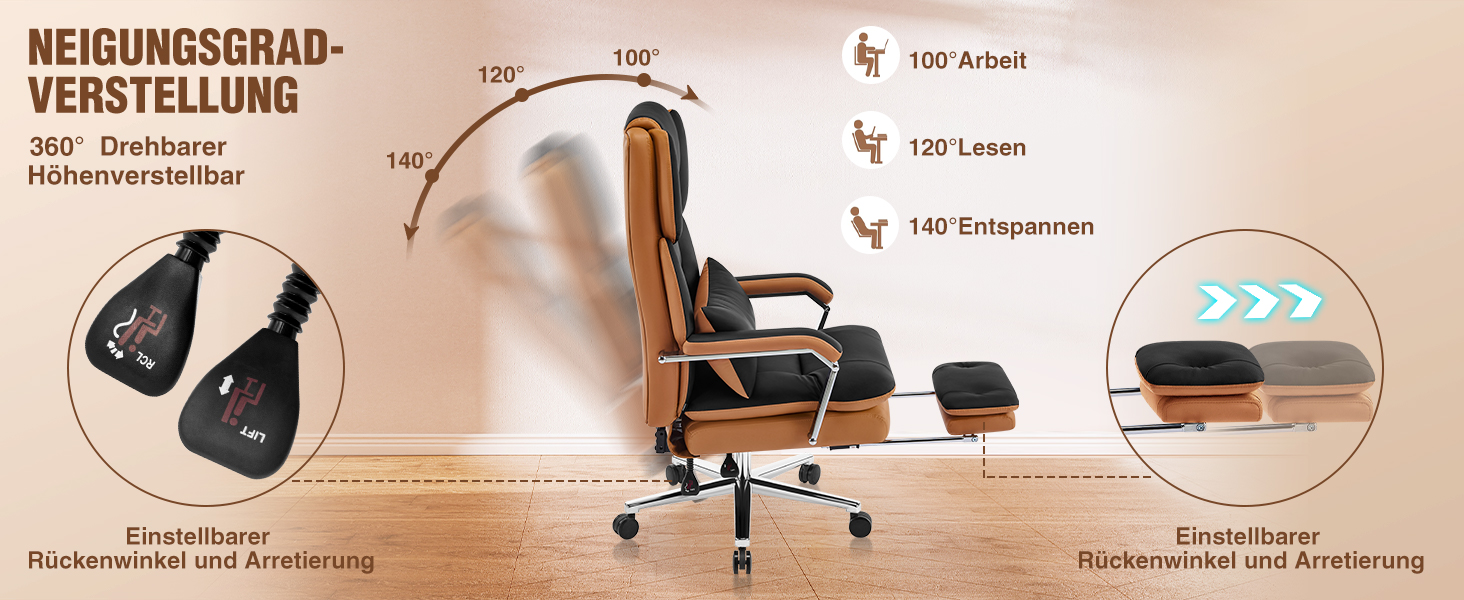 Ергономічне крісло для офісу, шкіра PU, крісло для керівника, 200 кг, з підніжкою та підтримкою попереку, для дому/офісу, регульоване, висока спинка, чорне