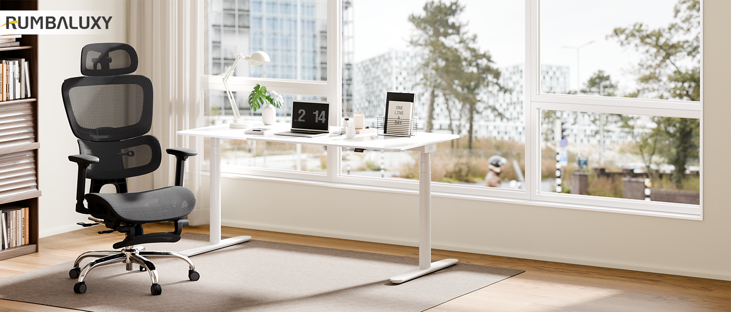 Ергономічне крісло для офісу Voll-Mesh з підголівником, підставкою для ніг, регульованою спинкою, підлокітниками, автоматичною поперековою підтримкою, PU-колесами, поворотним на 360°, до 150 кг, чорне