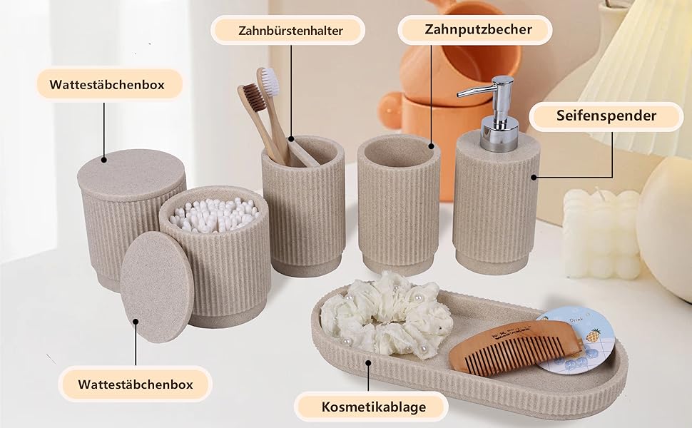 Набір для ванної кімнати 6 предметів: дозатор для мила, стаканчик для зубної щітки з підносом та коробочка для ватних паличок – смугастий дизайн, високоякісна смола (бежевий)