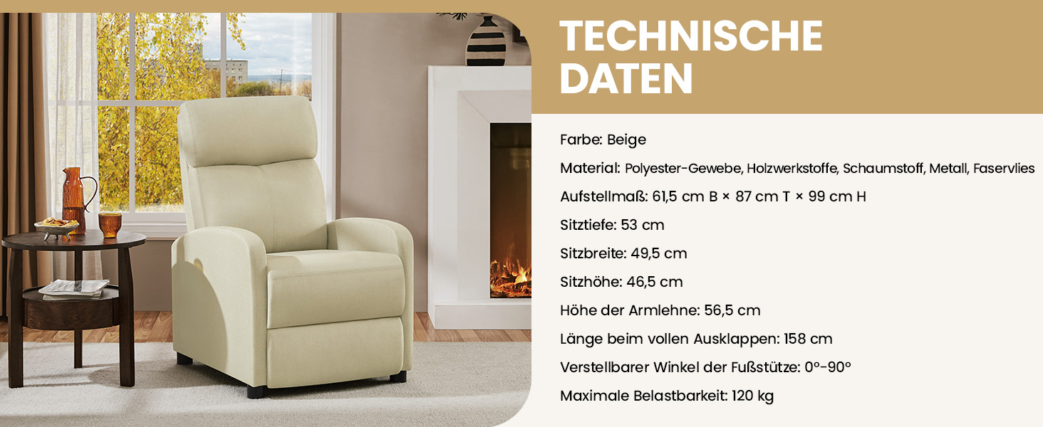 Крісло-релакс Yaheetech для телевізора з регульованою підставкою для ніг, крісло для відпочинку, бежеве, льон