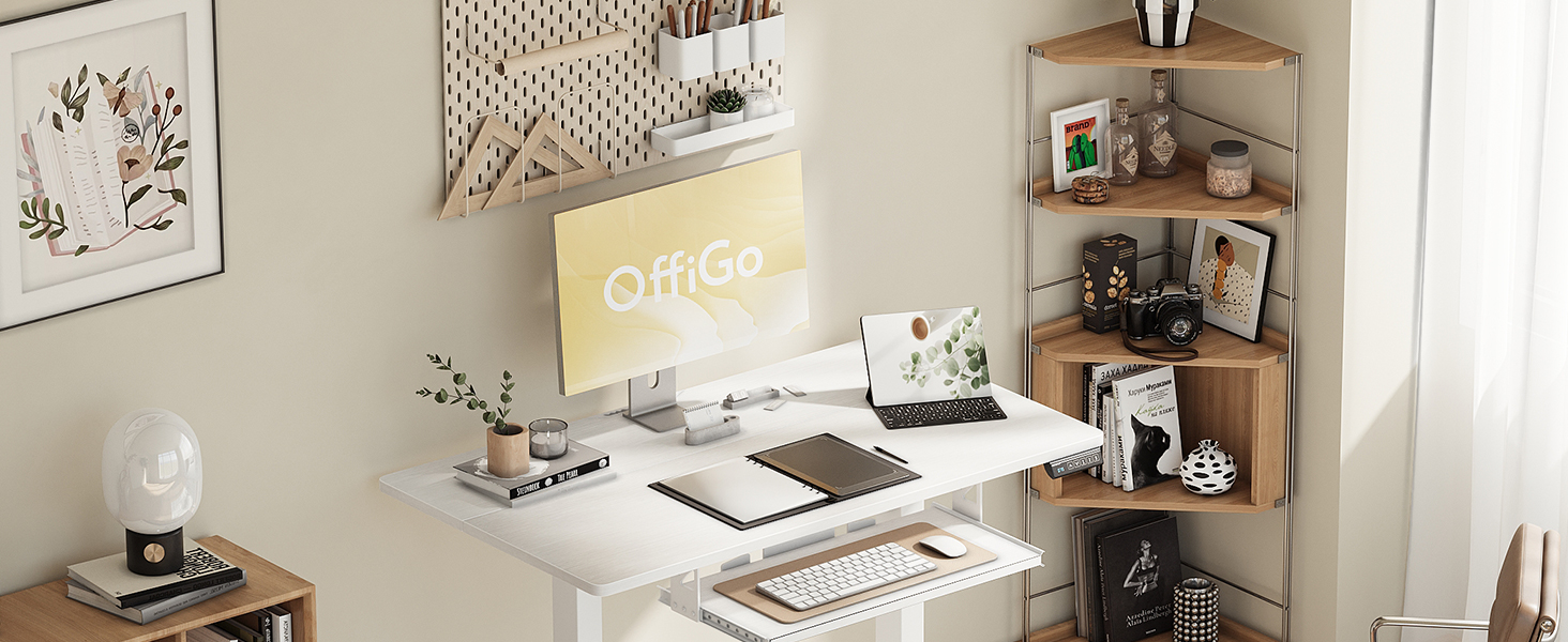 Електричний регульований стіл OffiGo 100x50 см з підставкою для клавіатури, 3 функції пам'яті, білий | Стіл для роботи та навчання