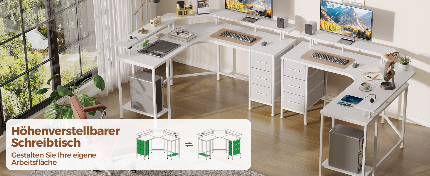 Ігровий кутовий стіл Seventable L-подібної форми з LED підсвіткою, розетками та 3 текстильними висувними ящиками, білий, 135x135x88 см