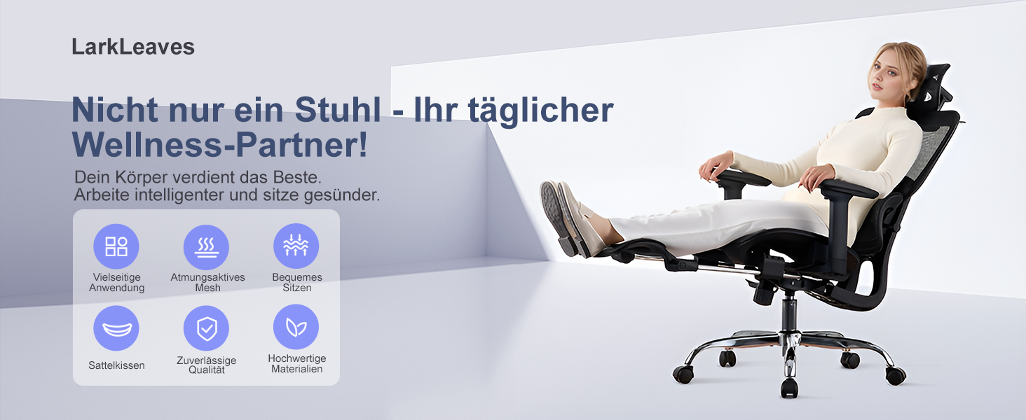 Ергономічне крісло для офісу з підніжкою та подушкою для шиї, 5-рівневе регулювання спинки, 2D підтримка попереку, 3D підлокітники/підголівник, функція нахилу 145°, сітчасте сидіння, гумові колеса (Чорний, Lite)
