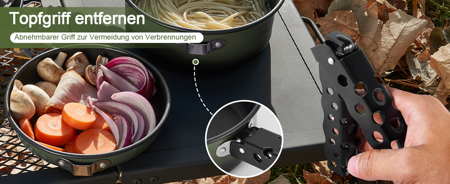 Набір посуду для кемпінгу Odoland 5шт: каструля, сковорода, чайник з знімним ручками. Ідеально для пікніків, походів та кемпінгу. Зелений антипригарний набір посуду.