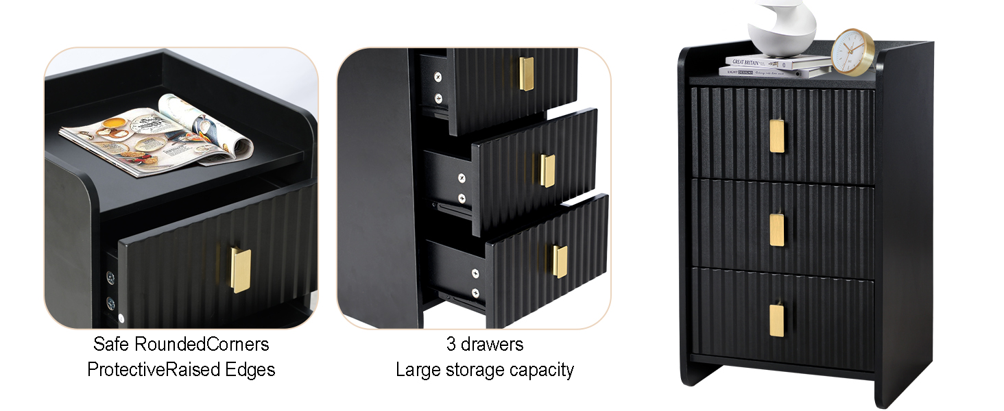 Нічний столик з 3 шухлядами, дерев'яний, з різьбленою передньою частиною, чорний. Нічний столик для спальні, вітальні, легко збирається.