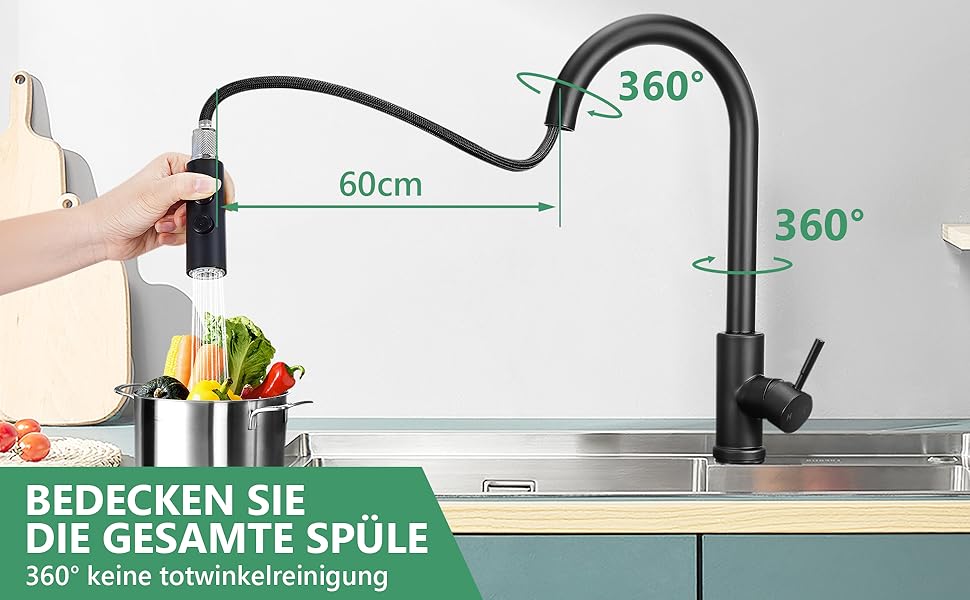 Змішувач для кухні чорний висувний з душем 50 см, поворотний на 360°, 2 режими струменя, нержавіюча сталь 304, проста установка (діаметр отвору 32-45 мм)