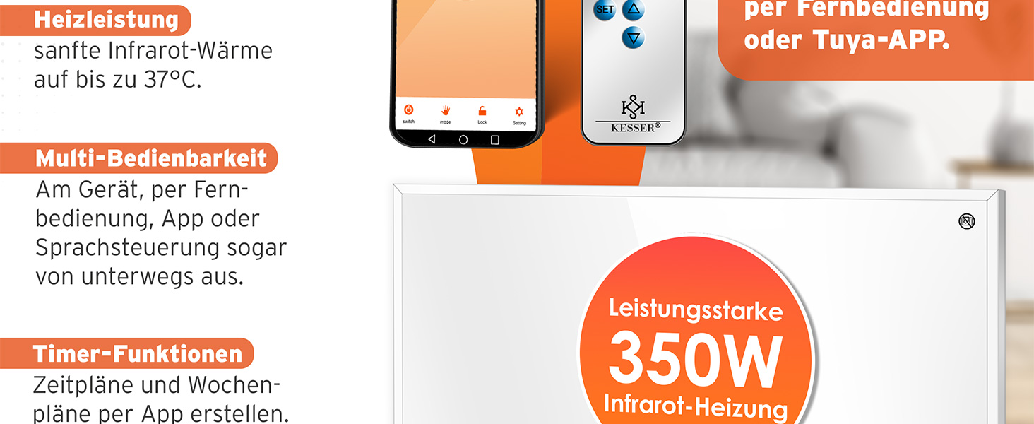 Інфрачервовий обігрівач KESSER® 350W: підлоговий/стінний, з пультом, термостатом та керуванням через додаток. Економія енергії, білий.