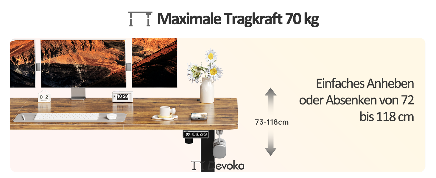 Електричний регульований стіл Devoko 120x60 см, стабільний офісний стіл, стіл для стоячи/сидячи, комп'ютерний стіл з функцією пам'яті, (Коричневий)