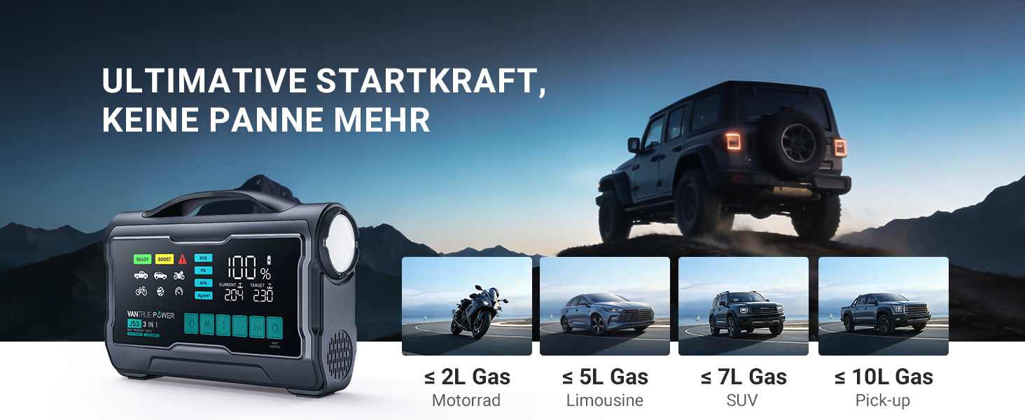 Пусковий пристрій для авто VANTRUE POWER JS3: бустер-павербанк з компресором 160 PSI, чорно-сріблястий