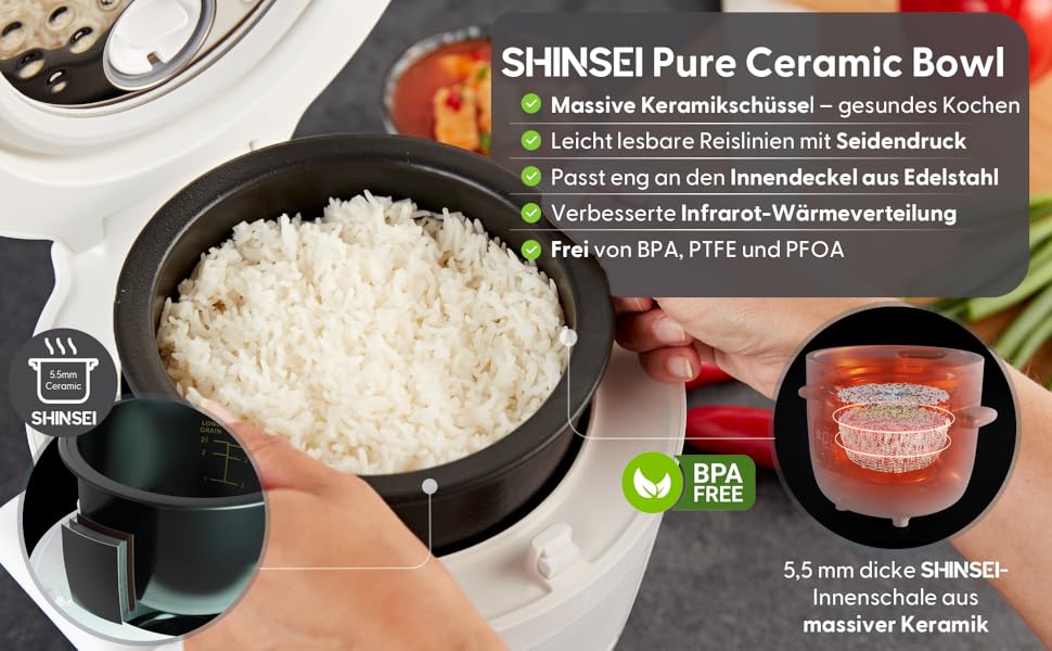 Рисварка Yum Asia Tsuki Mini з керамічною чашею Shinsei (2,5 чашки, 0,45 л), 5 функцій приготування рису, 2 функції мультиварки, LED-дисплей, 220–240V (Білий)