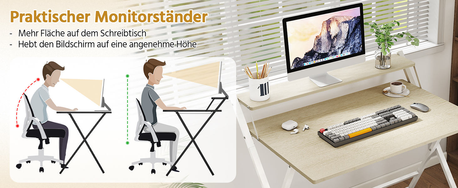 Злагоджений стіл Yaheetech Klappbar, 80 см, комп'ютерний стіл з полицею, двоступінчастий робочий стіл з підставкою для монітора, стіл для ноутбука для домашнього офісу/маленьких кімнат/вітальні, білий/80 см Д × 50 см Ш, білий (світлий колір дерева, 106.5x60.5x90 см)