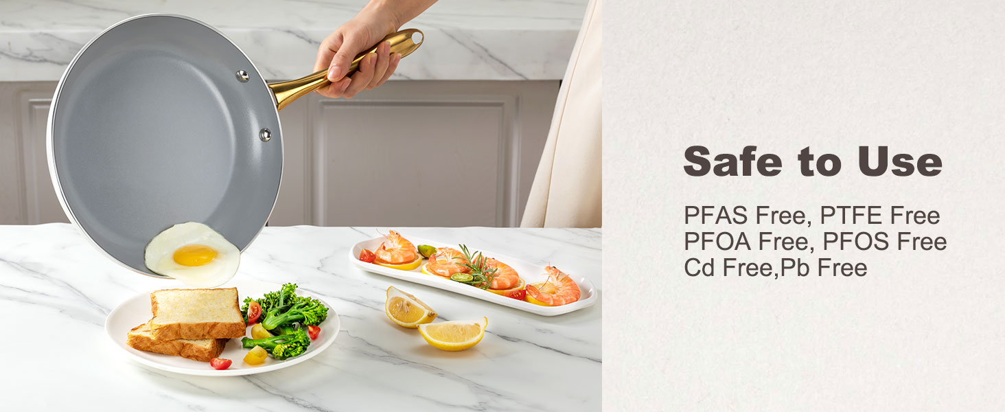 Набір посуду з керамічним покриттям: каструлі та сковорідки з кришками, здоровий, антипригарний (без PFAS, PFOA), для плити, духовки, мийки, бежевий/білий з золотом