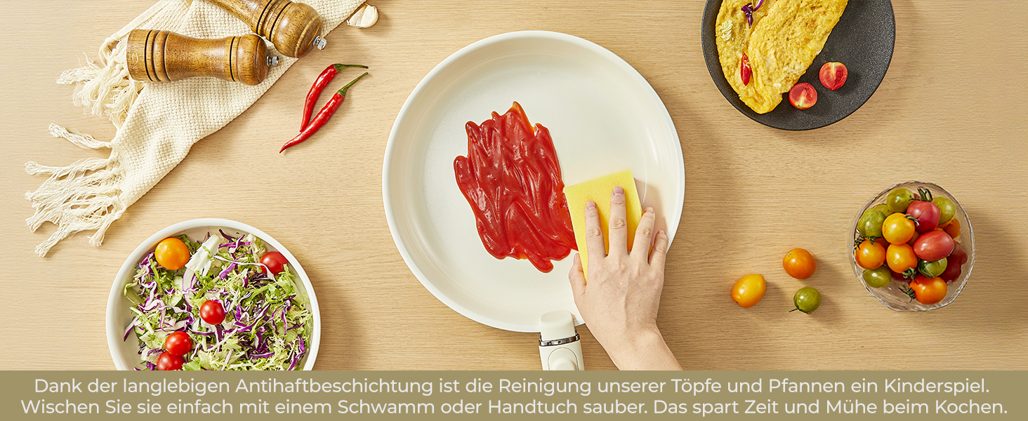 Набір посуду FOHERE 8 предметів: каструлі та сковороди з 2 знімними ручками, сковорода 20/28 см, каструлі 2.6/1.4 л, підходить для всіх плит (індукція), безпечний у духовці та посудомийній машині, бежевий